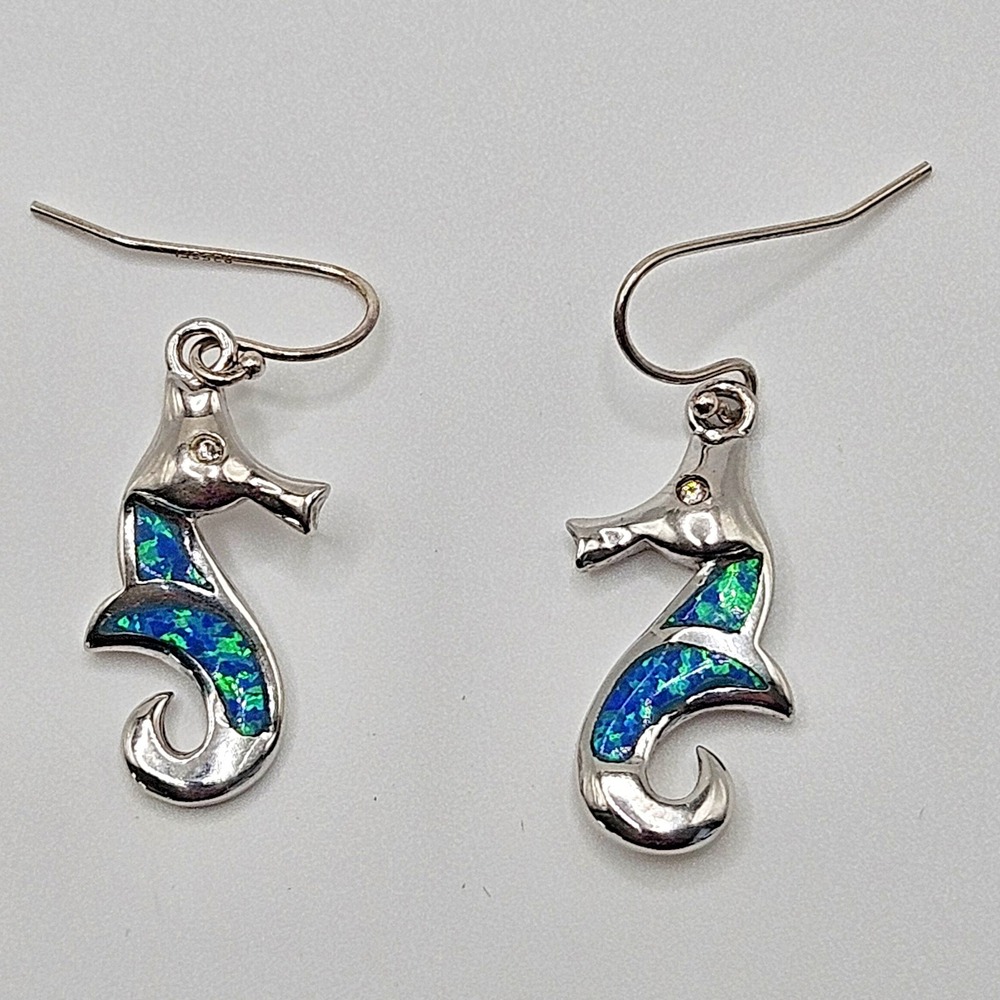 Sterling Silver Blue Opal Sea Horse Earrings 925 Dangle Drop
